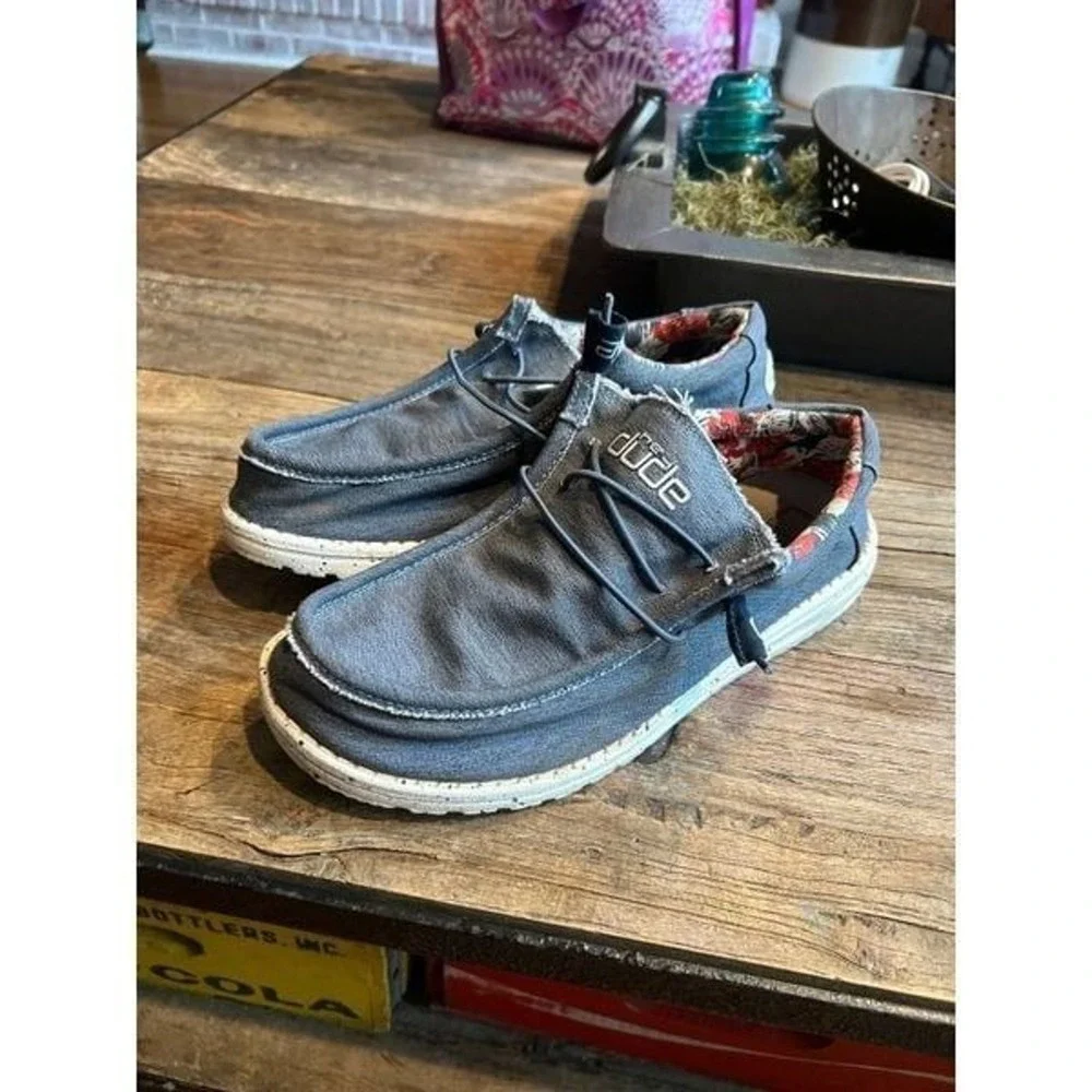 Hey Dude Wally Stretch Mens Size 8 Navy Gray Canvas Casual Boat Loafers Shoes